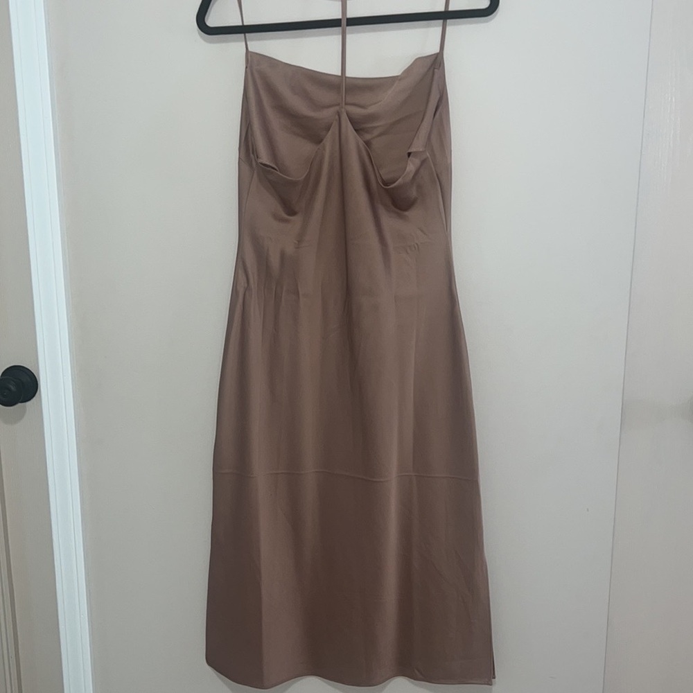 Express satin brown midi length slip dress, cowlneck womens size Medium